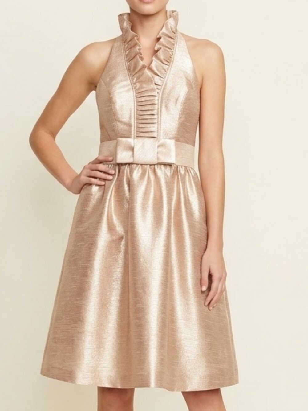 Alfred Sung Pearl Pink Dupioni Ruffle Halter Cocktail Dress Style D468 Size 4